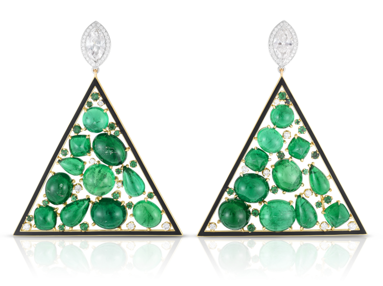 Cicada Jewelry earrings with emeralds pearl, sugarloaf, oval, and round cabochons shaped, set in 18-karat gold and platinum. Photo: Cicada Jewelry.