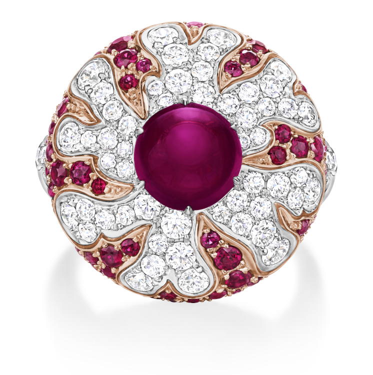 Harry Winston Flare ring featuring a rubellite cabochon, from the Winston With Love high-jewelry collection. Photo: Harry Winston.