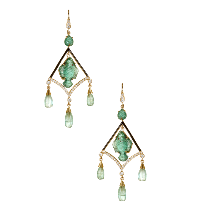 Hanut Singh, carved emerald earrings with fish motif, set with diamonds. Photo: Hanut Singh.