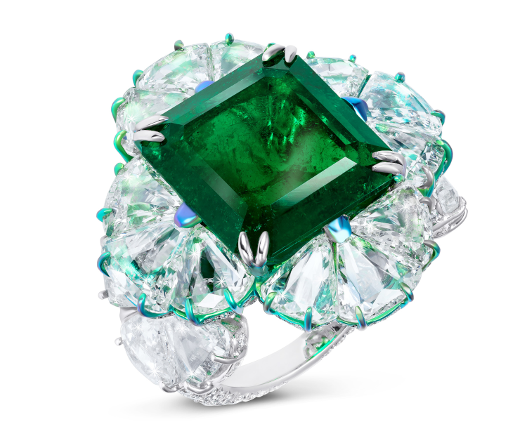 Emerald ring by K&Co, with a Zambian emerald surrounded by green titanium and a rose cut diamond. Photo: K&Co Jewellery.