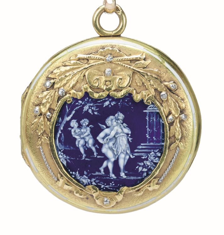 Enamel locket depicting cupid guiding a young maiden, her eyes closed, a metaphor for “love is blind”, French, late 1800s. Photo: Métier Paris. 