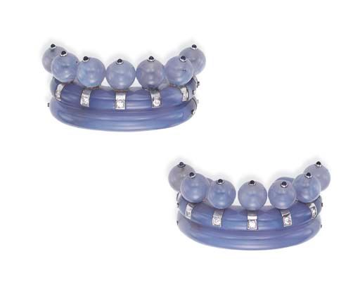 A pair of blue chalcedony, sapphire and diamond bangle bracelets by Suzanne Belperron, c. 1935, part of the Duchess of Windsor's collection, sold at Christie's Geneva in October 2004. Photo: Christie's. 