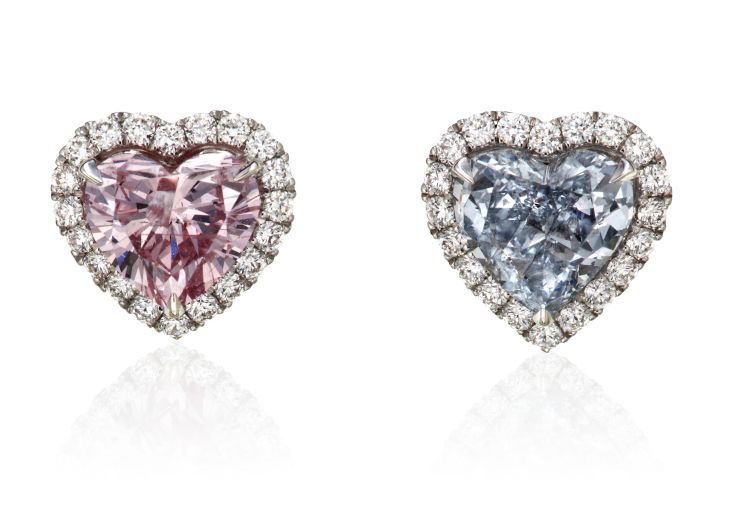 Heart-shaped colored-diamond earrings that sold at Christie’s Jewels Online in February 2021. Photo: Christie's. 