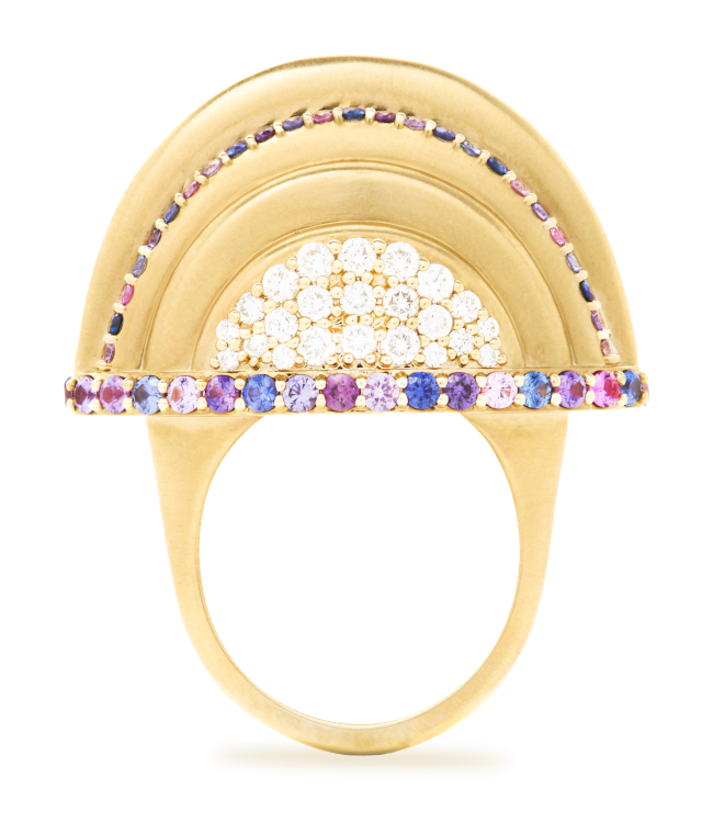 Campbell + Charlotte The Edge Ferris Wheel ring in 14-karat gold with diamonds and multicolor sapphires. Photo: Campbell + Charlotte.