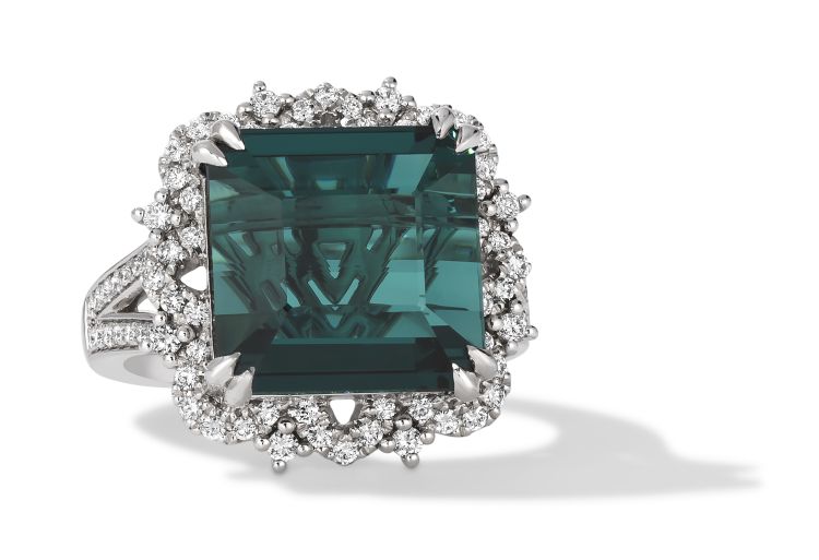 Couture ring in platinum set with an emerald-cut, 12.08-carat Hunters Green Tourmaline and 0.57 carats of near colorless Vanilla Diamonds. Photo: Le Vian. 