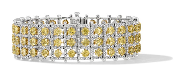 Mikaela bracelet in platinum and 18-karat Honey Gold set with 18.15 carats of cushion-shaped, Sunny Yellow Diamonds and 3.41 carats of near colorless Vanilla Diamonds. Photo: Le Vian. 