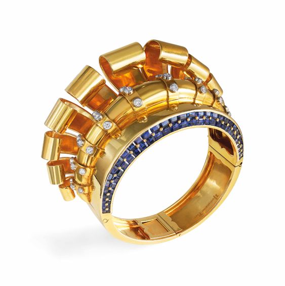 Boucheron Retro bangle in platinum and gold set with calibré-cut sapphires and circular-cut diamonds, circa 1937, sold at Christie's Geneva, May 2018. Photo: Christie's. 
