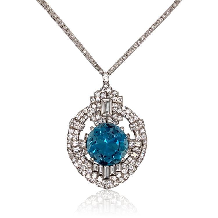 Art Deco necklace, featuring an aquamarine and diamonds. Photo: Paul Fisher.