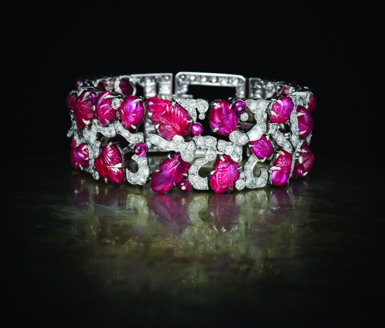 Art Deco carved bracelet with diamonds and rubies. Photo: Paul Fisher.