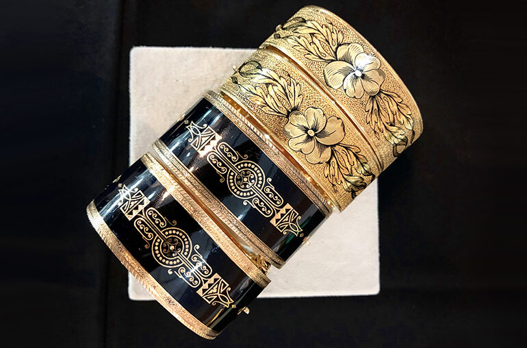 Two pairs of Victorian 14k gold enamel bracelets, circa 1880 Keyamour