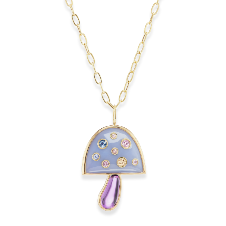 Brent Neale Magic Mushroom pendant in 18-karat gold with carved chalcedony, amethyst, and
sapphires. Photo: Brent Neale.