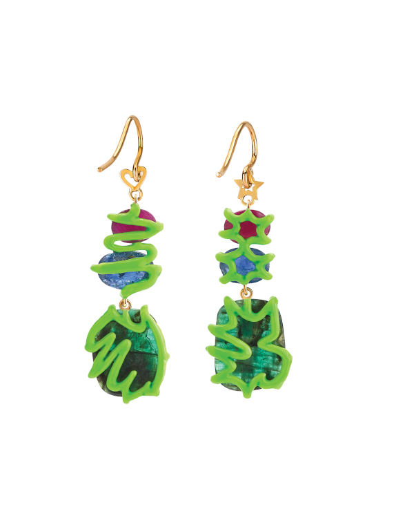 Solange Azagury-Partridge Scribbles earrings with sapphire, emerald, rubellite and green lacquer. Photo: Solange Azagury-Patridge.