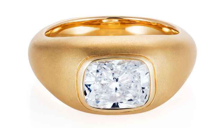 Thelma West 18-karat brushed yellow gold Honeycomb ring with a cushion-cut diamond center. Photo: Thelma West. 