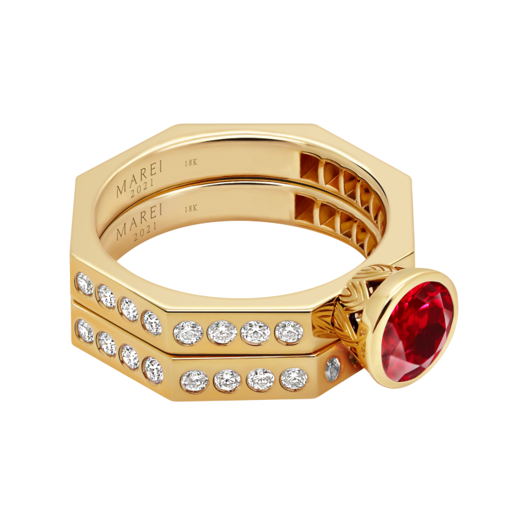 Angie Marei ring in 18-karat yellow gold with centered ruby and sparkling white diamonds. Photo: Angie Marei.