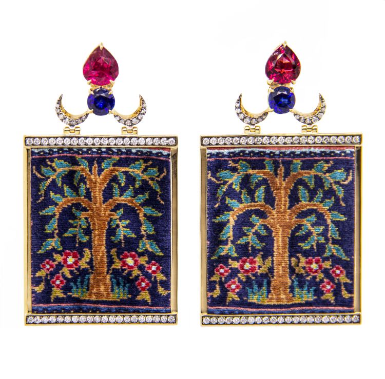 Silvia Furmanovich Earrings in silk weaving set in 18k gold with diamond, rubellite and tanzanite.