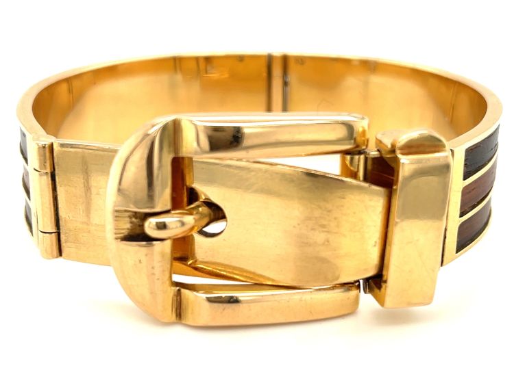A vintage wood and 18k gold buckle bracelet circa 1970 by Gucci at Keyamour