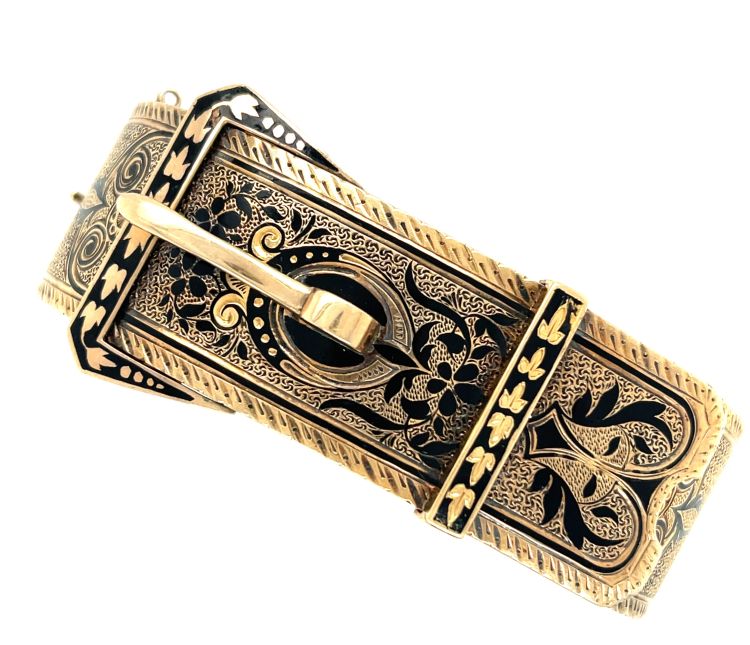 A Victorian tracery enamel gold buckle bracelet circa 1890. Photo: Keyamour