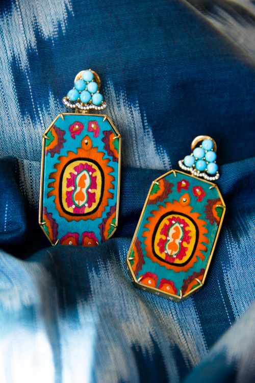 Silvia Furmanovich earrings inspired by Suzani fabric set in 18k gold with wood marquetry, diamond and turquoise.