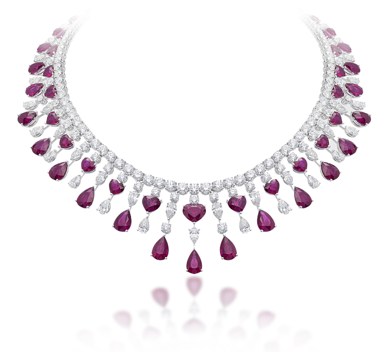 Pichiotti necklace in 18-karat white gold with heart and pear-shaped Burmese rubies and diamonds. Photo: Pichiotti.