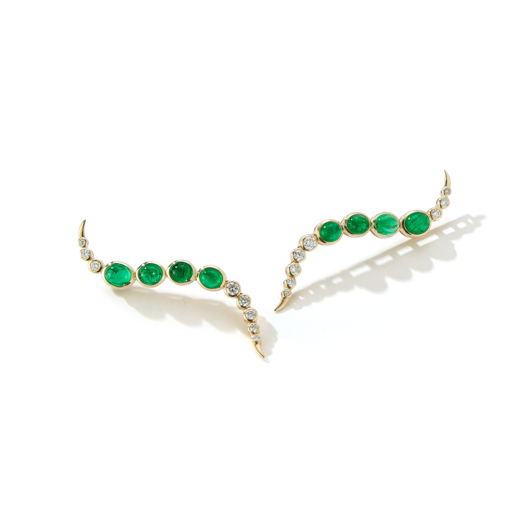 Dynamo Crawler earrings in 14-karat gold, with Muzo emeralds and diamonds. Photo: Ondyn.