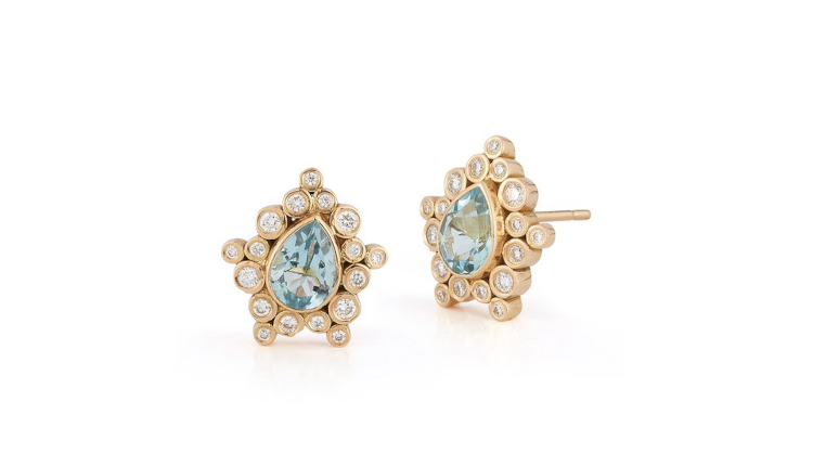 Bubble studs in 18-karat yellow gold with blue aquamarines in bubble diamond setting. Photo: Renna.
