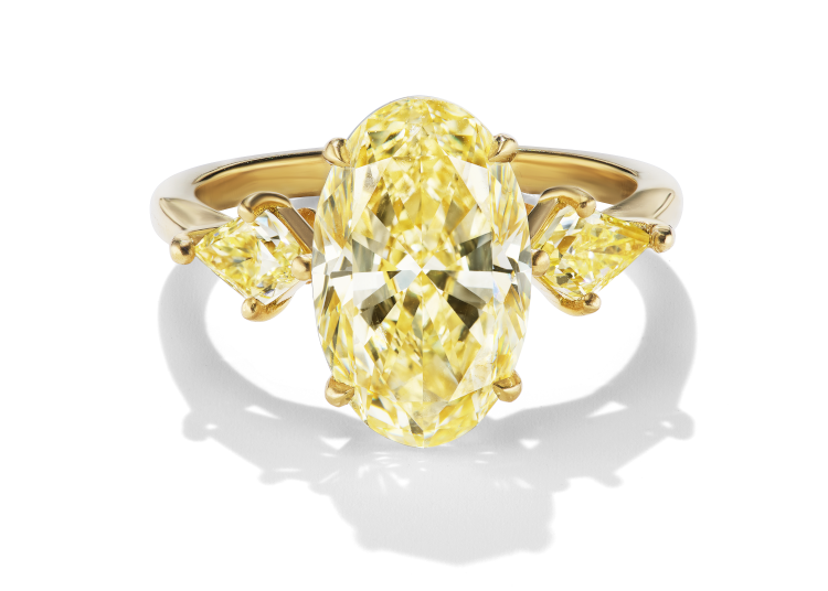 Aaryah Surya ring with oval centered and kite-shaped yellow recycled diamonds. Photo: Aaryah.