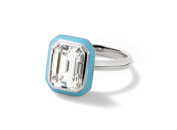 Alison Lou enamel ring with emerald cut diamond, in bezel setting. Photo: Alison Lou. 