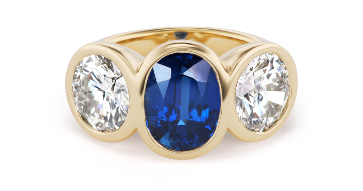 Brent Neale gypsy ring with a blue sapphire and two round diamonds. Photo: Brent Neale.