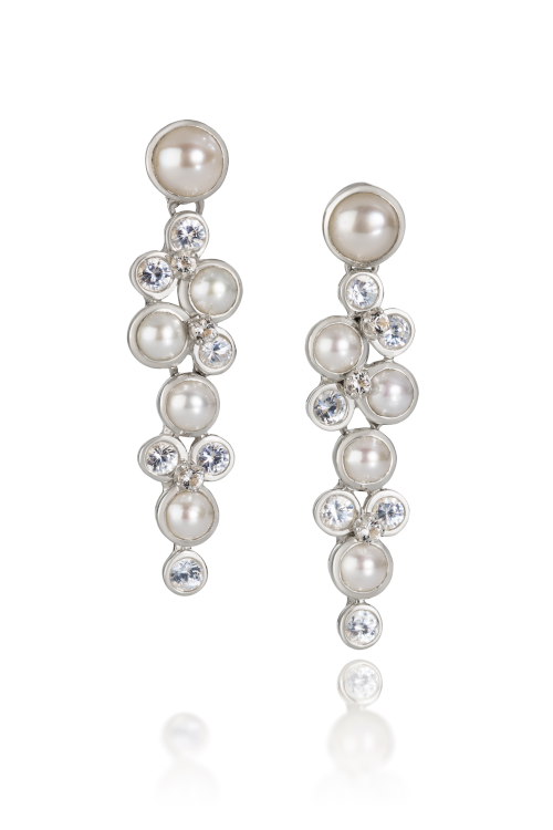 Martha Seely Constellation earrings with pearls and white zircon. Photo: Martha Seely.