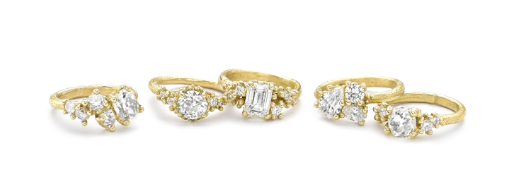 Ruth Tomlinson engagement rings with golden granules, diamonds and textured band. Photo: Ruth Tomlinson.