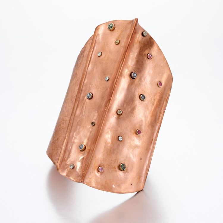 Latoya Boyd Unbound cuff bracelet in copper with diamonds, spinels, sapphires, and citrines. 