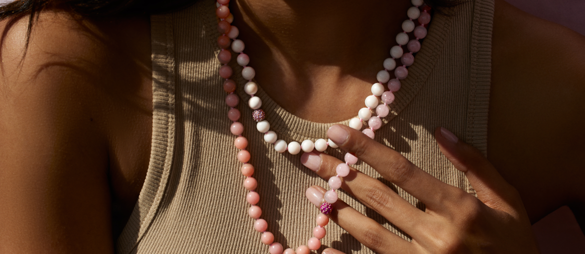 Main image: Emily P. Wheeler necklace in 18-karat gold with pink opals, sapphires, morganites, white agate, conch shell, and pink enamel. Photo: Emily P. Wheeler.