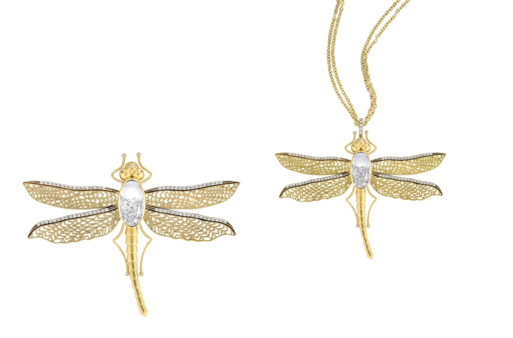 Moritz Glik Dragonfly brooch in 18-karat gold with diamond and sapphire glass, which can also be turned into a necklace. (Moritz Glik) 