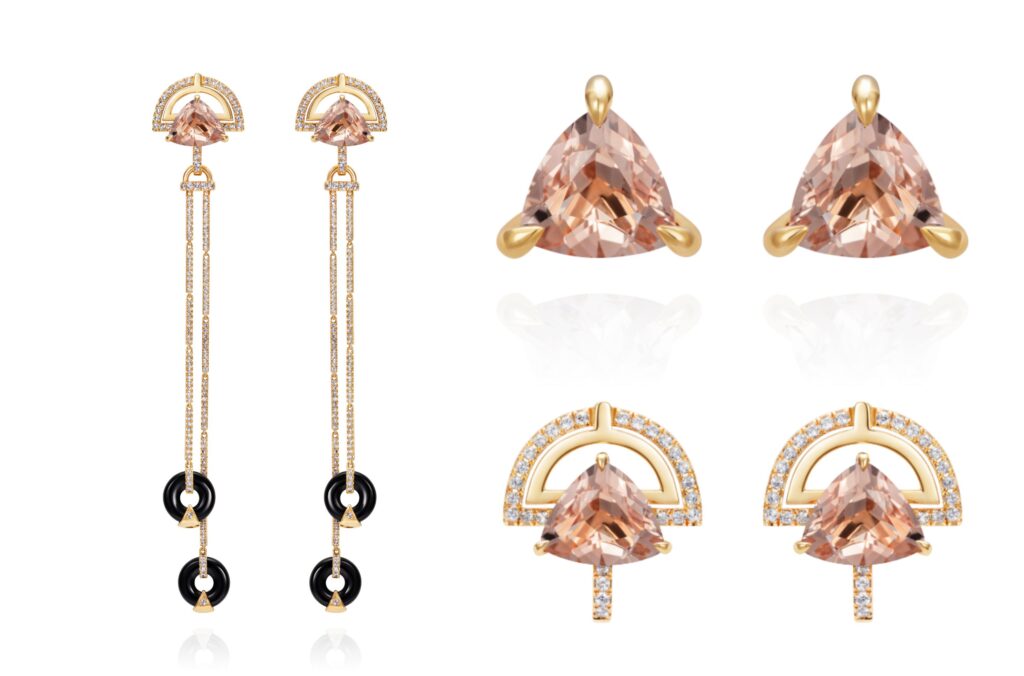 Matturi's Nile earrings can be worn as morganite studs in 18-karat gold or with diamond and 18-karat gold jackets. They can also become drop earrings. (Matturi)