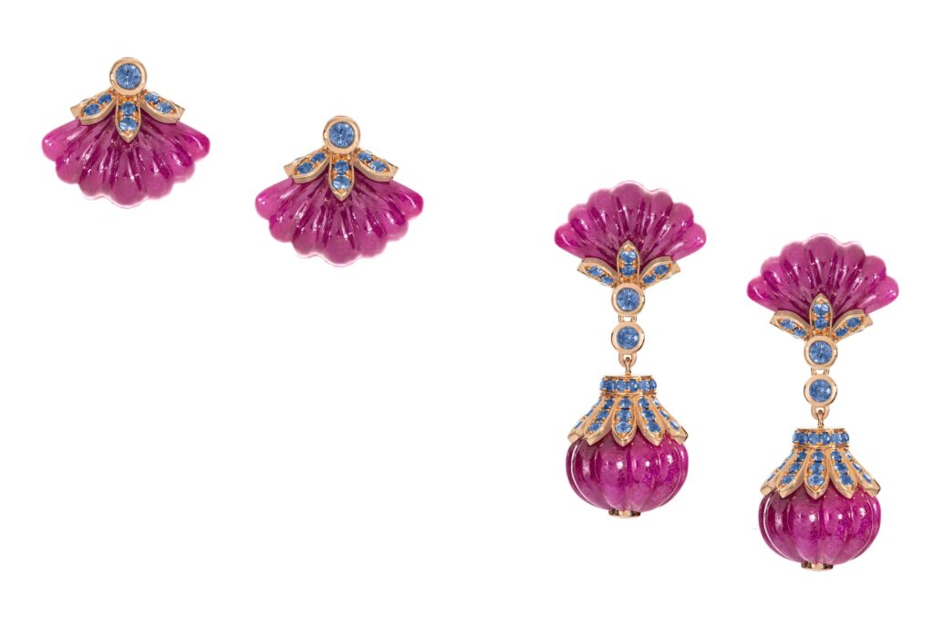 Nana Fink convertible studs and earrings with unheated sapphires and rubies, in 18-karat rose gold. (Nana Fink)