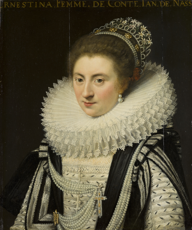 A 1618 oil painting of Ernestine Yolande, princess of Ligne, wearing pearl earrings and sporting strings of pearls on her bodice. (Mauritshuis, The Hague)