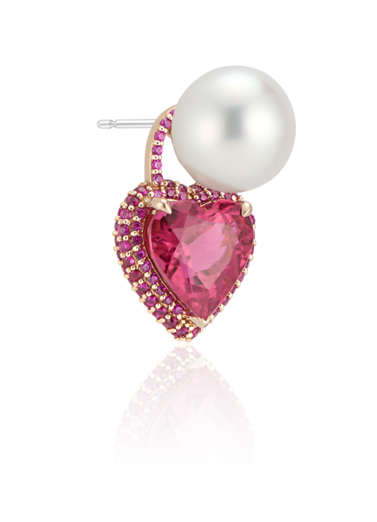 Pearl stud with a detachable gold drop set with a heart-shaped tourmaline and rubies. (Anne Baker)