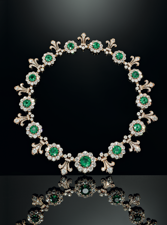 Necklace in gold and platinum, with diamonds and emeralds. (Tiffany & Co./Thomas Milewski) 
