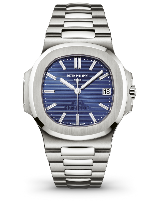 A 50th anniversary edition of the Patek Philippe Nautilus in stainless steel with blue dial, one of the most sought-after watches in the world. (Patek Philippe)