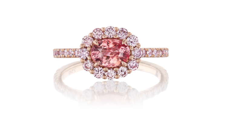 Ring with a 1-carat Padparadscha sapphire surrounded by pink diamonds. (Anne Baker)