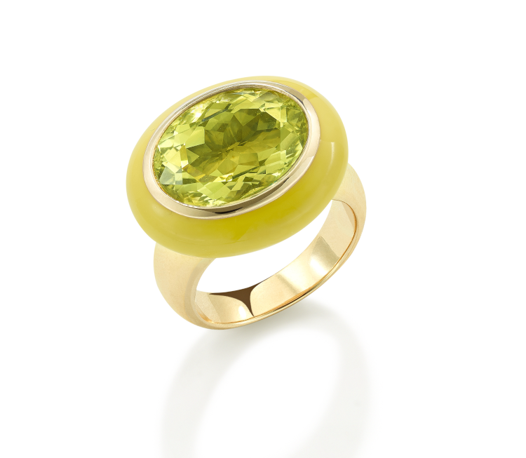 Ring with a 7.52-carat beryl and yellow enamel, set in 14-karat yellow gold. (Robinson Pelham)