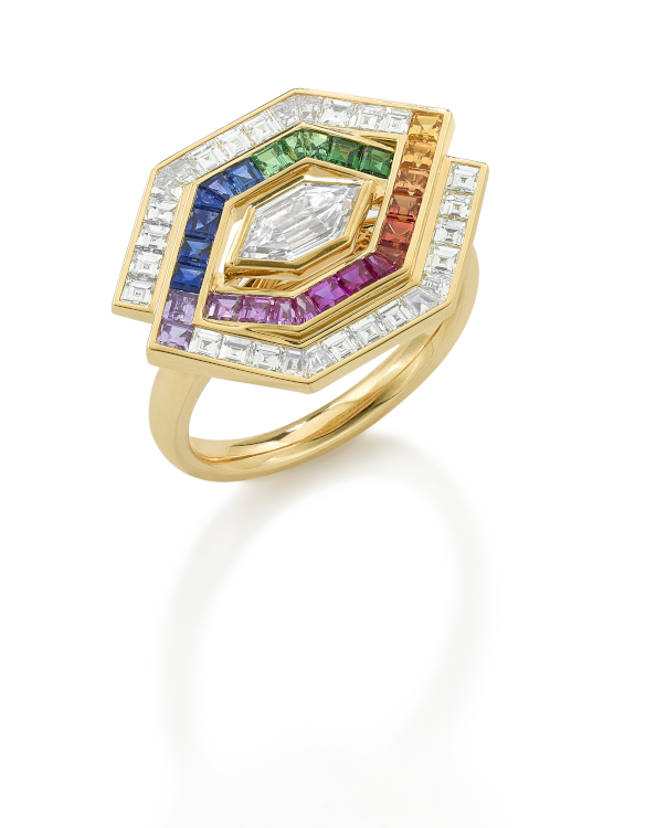 Entwined Rainbow ring in 18-karat gold with multicolored sapphires and diamonds. (Robinson Pelham)