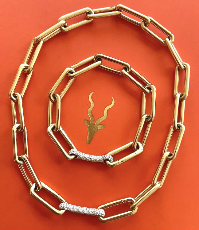 Identity necklace and bracelet in 18-karat gold with diamonds. (Robinson Pelham)