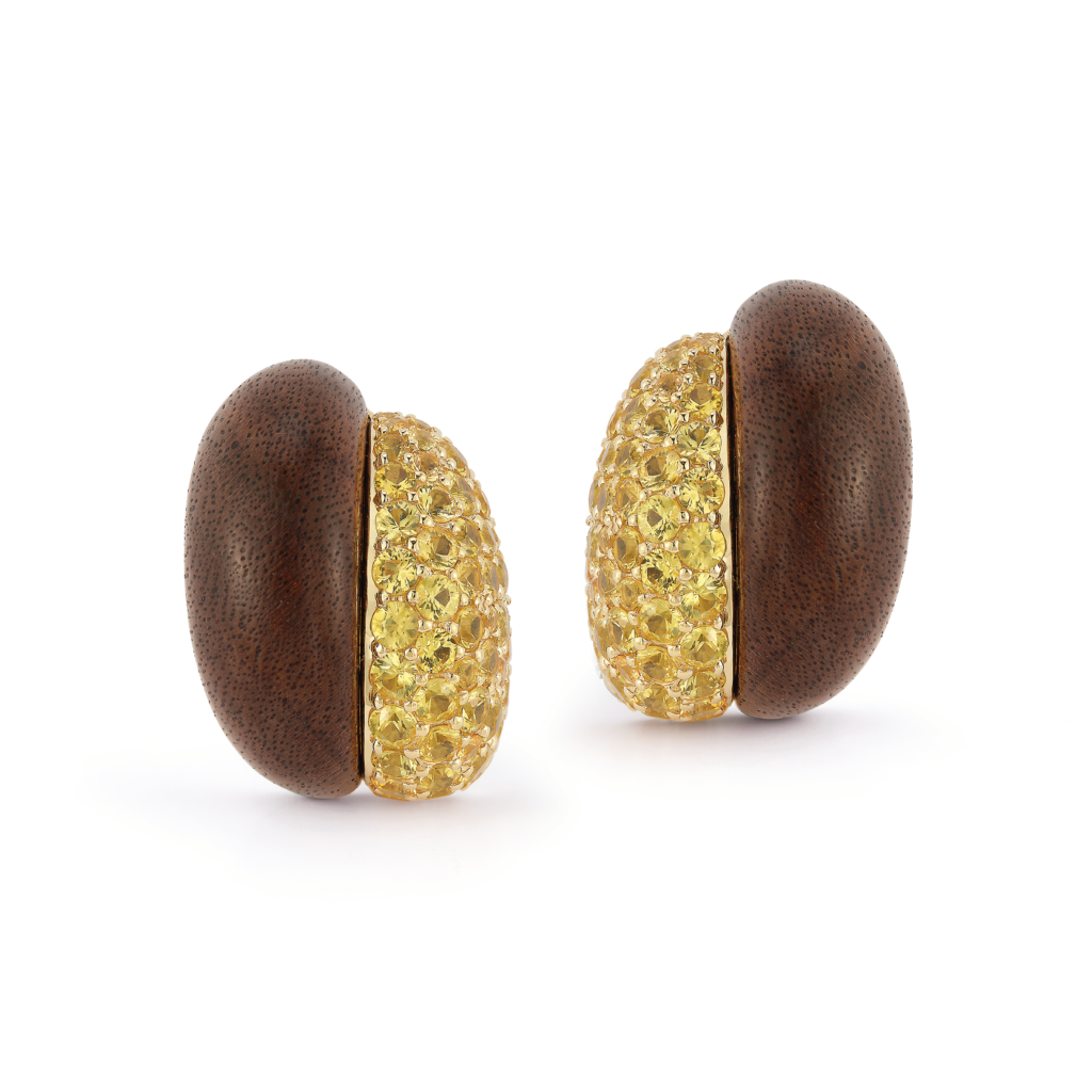 Silhouette earrings in 18-karat gold with walnut wood and yellow sapphires. (Seaman Schepps)