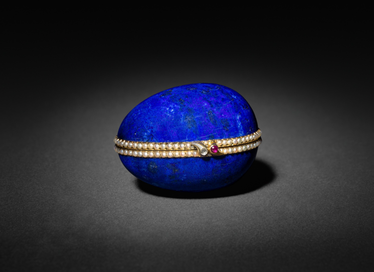 A lapis lazuli Fabergé egg, circa 1885-1890, with gold, pearls, a diamond and a ruby, now in the Cleveland Museum of Art. (Cleveland Museum of Art)
