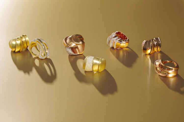 A selection of rings with pavé diamonds in 18-karat rose and yellow gold. (JV Insardi)