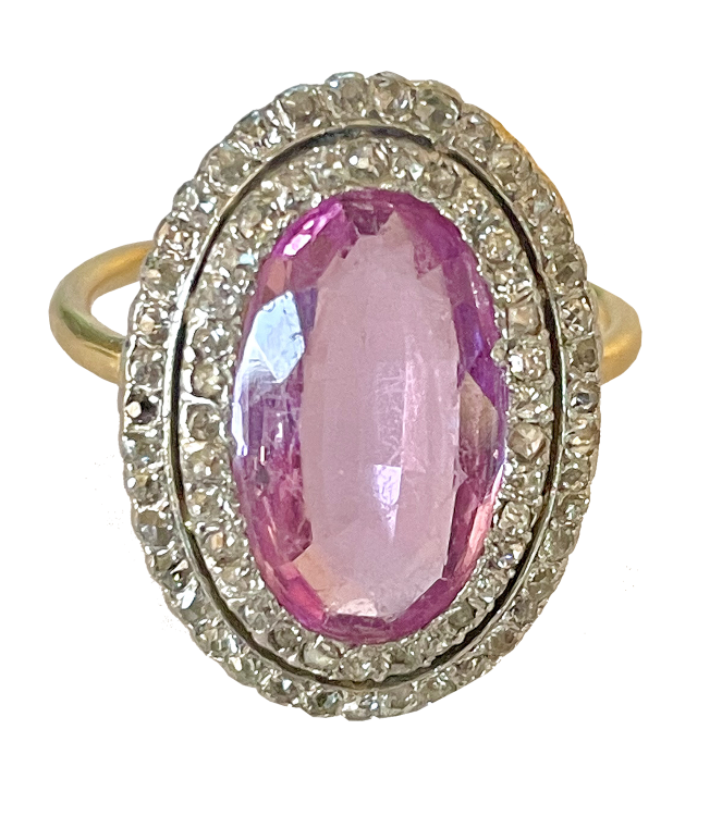 Victorian-era ring featuring natural pink topaz and rose-cut diamonds. (Photo: Gemolithos)