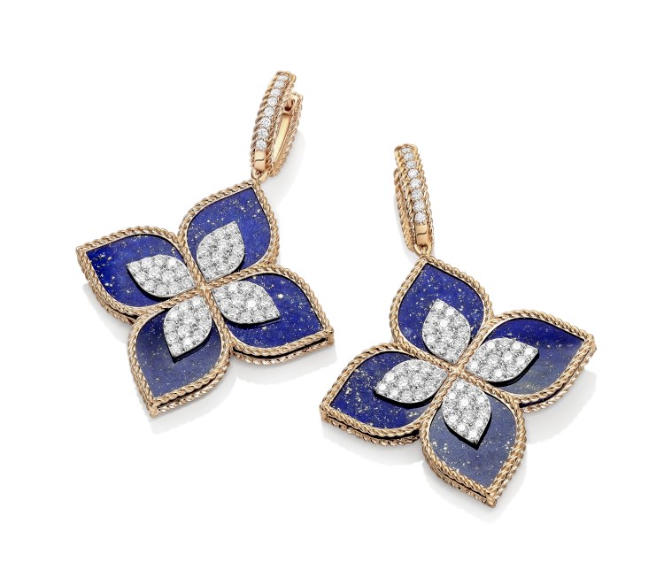 Roberto Coin Princess Flower earrings in 18-karat gold with lapis lazuli and diamonds. (Roberto Coin)