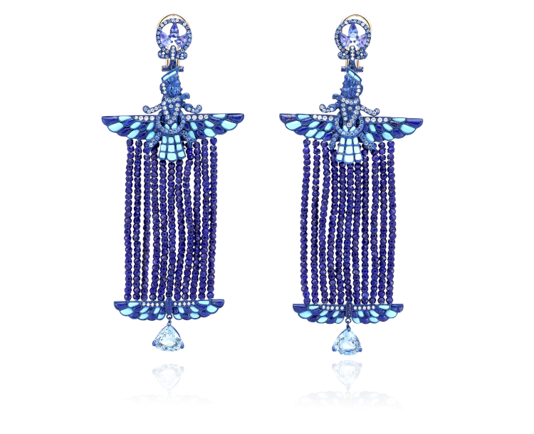 Lydia Courteille Farvahar earrings in titanium and gold, featuring turquoise, aquamarines, sapphires, diamonds, tanzanites, and 596 lapis lazuli beads. (Lydia Courteille)