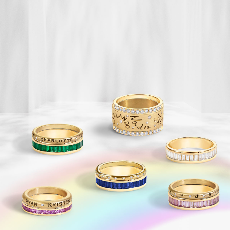 A selection of personalized 14-karat gold rings set with emeralds, diamonds, and pink and blue sapphires. (Heather B. Moore)